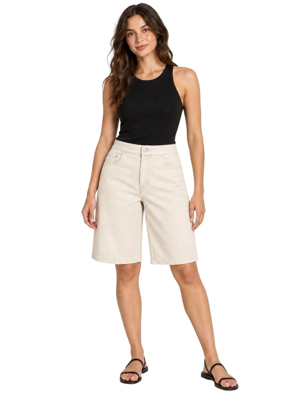 NWT ZARA Signature Denim Elasticated Bermuda Shorts Ecru Women’s Small